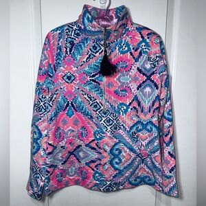 Lilly Pulitzer Pink Blue Ikat Style Quarter Zip Pullover Cotton Stretch S